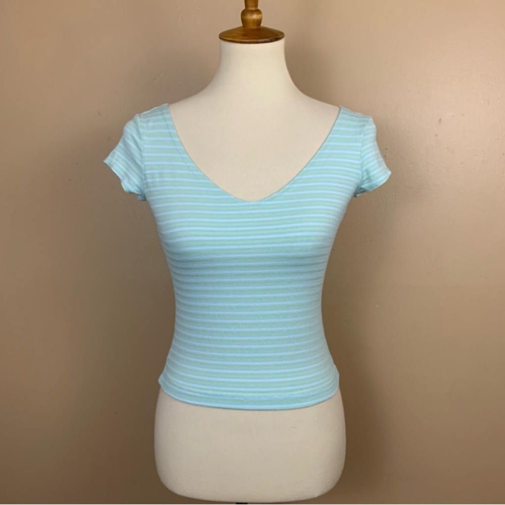 Vintage Y2K ESPRIT Tee Womens Medium Blue Striped Stretch Crop Top USA Made